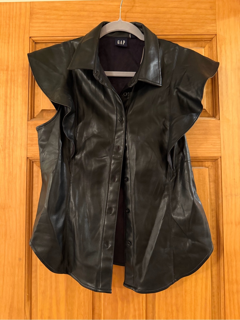 GAP Black Leather Ruffled-Sleeve Button-Down Top